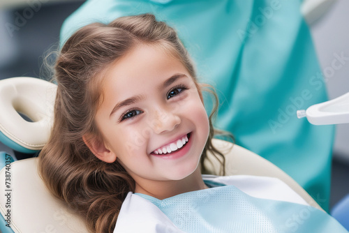 Portrait of a child being examined by a dentist. Lovely little girl smiling sitting in a dental chair. Child at the dentist.