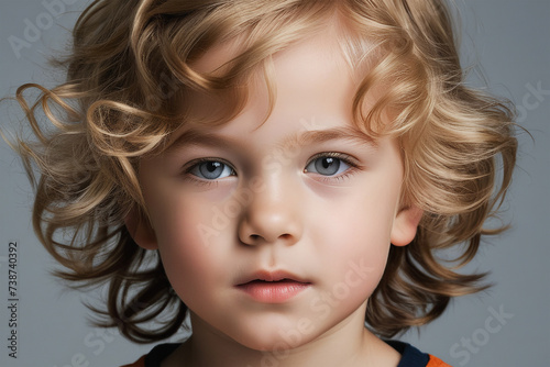 Portrait of cute little model boy looking at camera. Closeup portrait of child isolated on light gray background