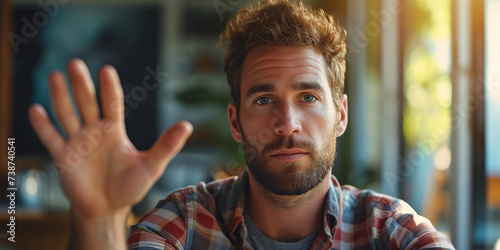 A young male adult with a serious expression is gesturing stop with an open hand photo