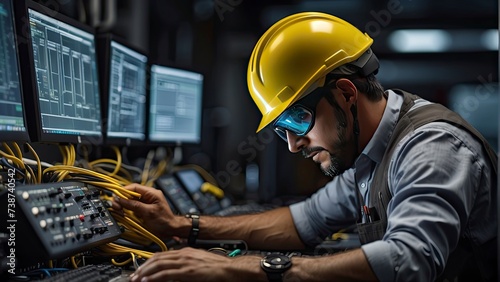 engineer at work, eletcrican working in workspace with yellow helmet, electrican doing his work, industrial worker with helmet