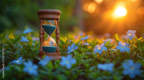 hourglass surrounded by delicate periwinkle flowers, evoking a sense of time's beauty and nature's calm