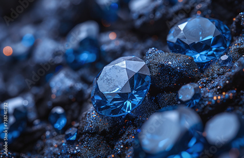 Close-up of sparkling blue sapphires on a dark mineral surface, showcasing their natural beauty and geometric facets.