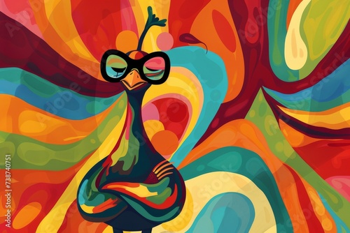 A vibrant peacock adorned with spectacles brings a whimsical touch to a psychedelic acrylic painting  merging the worlds of modern art and cartoon illustration in a mesmerizing display of visual arts