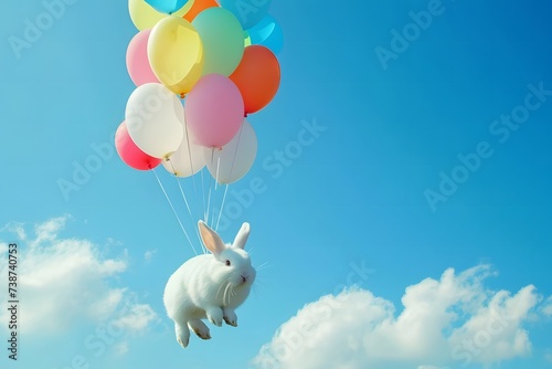 easter bunny in the sky flying with colorful balloons 