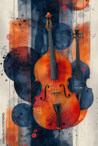A vibrant canvas adorned with the elegant curves of a cello and violin, evoking the timeless beauty of classical music and the soulful passion of the violin family