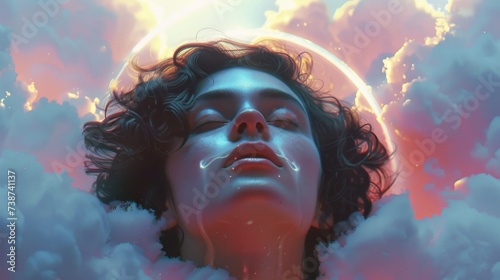 A woman's closed eyes lead her on a journey through a vibrant sky of clouds, a captivating portrait of emotion and art