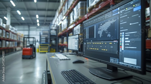 An advanced logistic software interface on a monitor with an operational AGV in the background, underscoring warehouse management innovation. photo