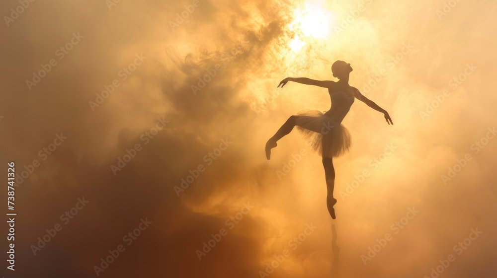 A graceful woman defies gravity, twirling in a billowy tutu against the backdrop of a fiery sunset, while a mysterious man watches from the misty clouds above A graceful woman defies gravity, twirling in a billowy tutu against the backdrop of a fiery sunset, while a mysterious man watches from the misty clouds above