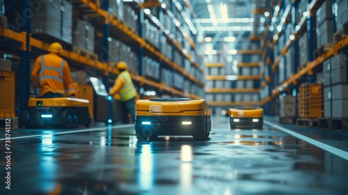 An AGV works alongside a safety-vested human worker in a warehouse, demonstrating the synergy of automation and human labor.