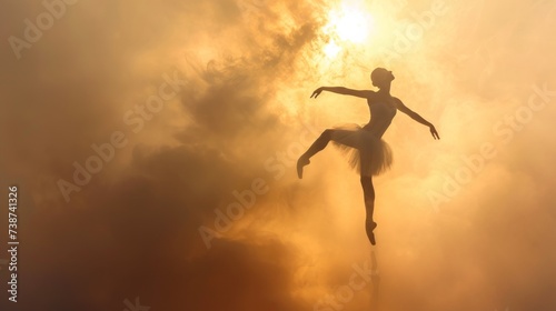 A graceful woman defies gravity, twirling in a billowy tutu against the backdrop of a fiery sunset, while a mysterious man watches from the misty clouds above