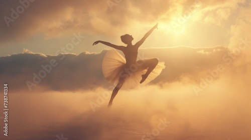 A graceful ballerina defies gravity, twirling amidst the ethereal clouds and fog, basking in the warm glow of the setting sun, as a man looks on in awe from the distant mountain
