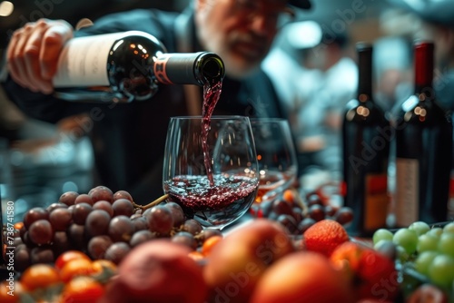 Close-up of a sommelier pouring red wine photo
