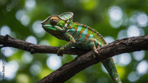 A green chameleon with beautiful skin color perched on a tree branch
