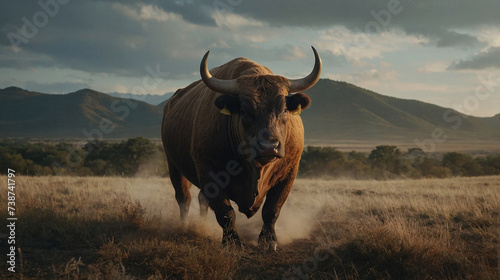 A stocky brown bull with a savanna background