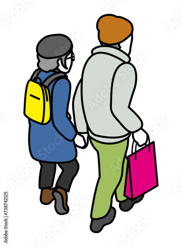 The walking senior couple, back view - Isometric people with a line art style, winter outfits