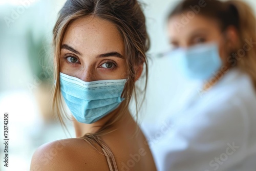 Woman receiving flu or HPV vaccination administered by a nurse photo