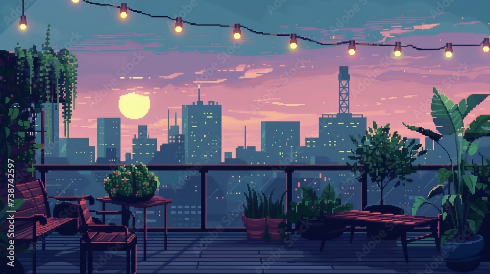 Amidst the bustling city, a sky-high balcony adorned with lush plants and twinkling lights offers a tranquil escape under the moonlit clouds - obrazy, fototapety, plakaty 