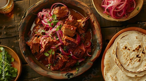 Mexican cochinita pibil slow-roasted pork marinated in achiote paste, served with tortillas and pickled onions photo