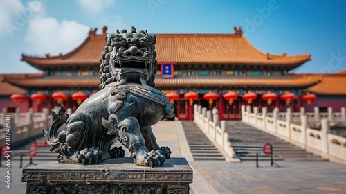 A majestic bronze lion statue stands guard at the entrance of a traditional Chinese imperial palace, embodying the cultural symbolism of protection and power