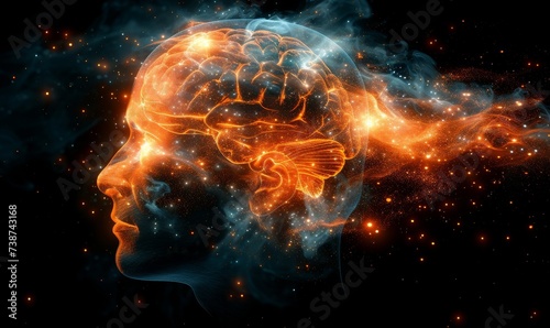 Human head with glowing neurons in brain. Esoteric and meditation concept. Connection with other world