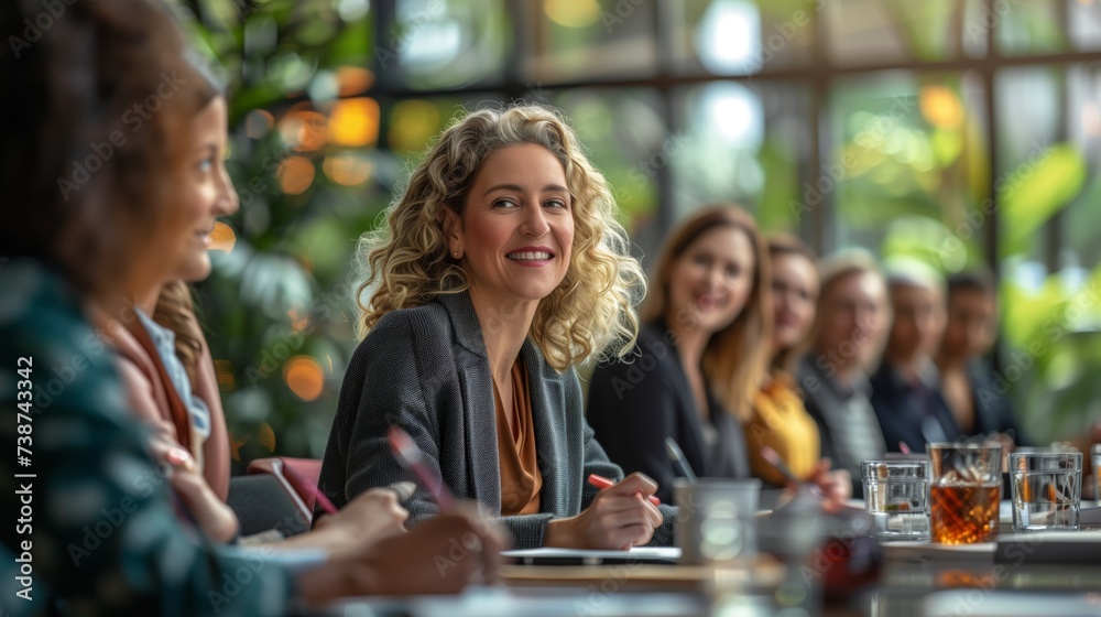 Smiling female executive conducts a meeting with a diverse group of professionals in a bright conference room. Smiling female executive conducts a meeting with a diverse group of professionals in a bright conference room.