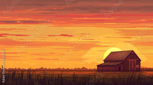 An idyllic rural landscape, bathed in the warm afterglow of a stunning sunset, with a quaint barn and farmhouse standing tall amidst the golden fields and sweeping sky