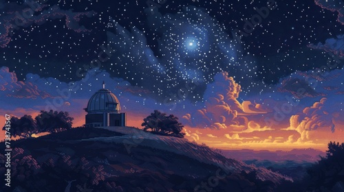 A solitary building stands atop a majestic hill, surrounded by a vast outdoor landscape, under the watchful gaze of a beautiful constellation in the starry night sky, evoking a sense of wonder and aw