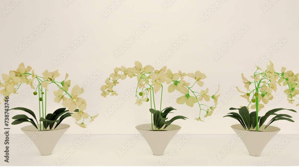 Flower arrangement in a vase on a bone white background for decoration or photo backdrop