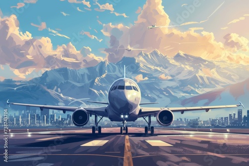 A sleek, white airliner prepares for takeoff on a runway surrounded by fluffy clouds and towering mountains, showcasing the marvels of modern aerospace engineering and the excitement of air travel