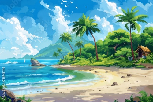 An idyllic caribbean island getaway, with crystal blue waters, golden sandy beaches, and towering palm trees swaying in the warm tropical breeze, captured in a vibrant landscape painting