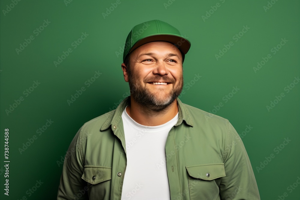 Portrait of a smiling bearded man in a green cap and jacket on a green background. Portrait of a smiling bearded man in a green cap and jacket on a green background.