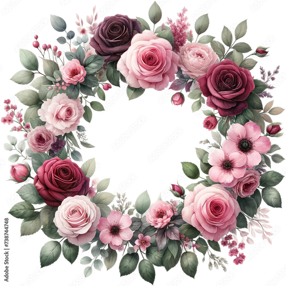Romantic Roses Wreath Illustration isolated on solid white background