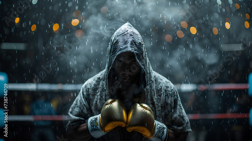 A boxer in a hood with gold boxing gloves before the fight.