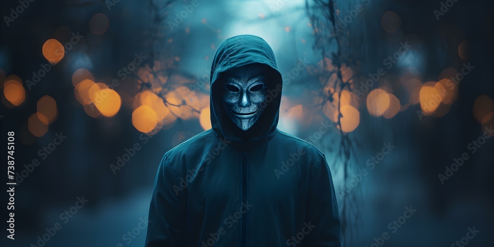 Mysterious Figure: A Masked Imposter with an Eerie Glow. Concept Mysterious Figure, Masked Imposter, Eerie Glow, Suspenseful Atmosphere, Intriguing Disguise - obrazy, fototapety, plakaty 