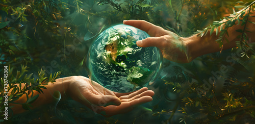 An illustration representing a green environmental concept featuring hands holding the Earth, symbolizing care and responsibility towards the planet and environment.
