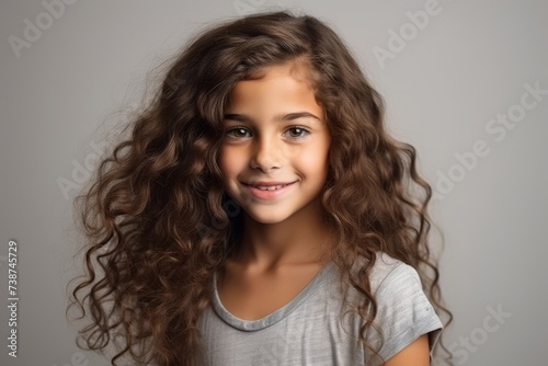 Portrait of a cute little girl with long curly hair over grey background