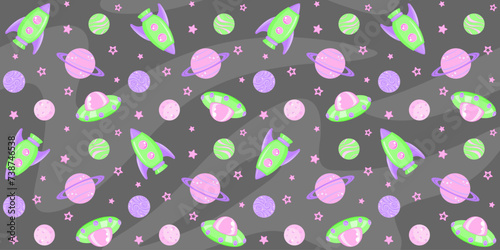 Bright colored rockets and alien spaceships among planets and stars on a dark gray background. Kids endless texture with cute deep space. Vector seamless pattern for wrapping paper, giftwrap and print