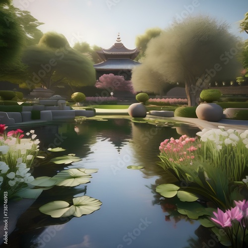 A tranquil garden with blooming flowers and a serene pond, offering a peaceful escape from the outside world4 photo