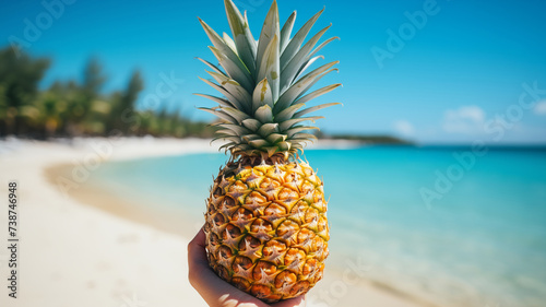 A fresh pineapple in hand with the backdrop of a tropical sandy beach with crystal clear turquoise ocean