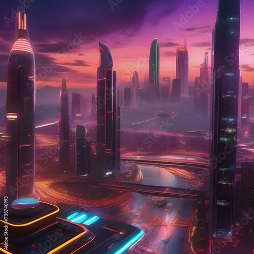 A futuristic cityscape with skyscrapers and flying cars, bathed in neon lights and digital displays, showcasing a high-tech world1 photo