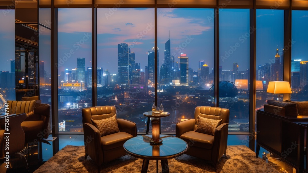 Twilight Cityscape Lounge - A serene lounge overlooking a cityscape at twilight, with elegant seating and a tranquil ambiance for intimate conversations.