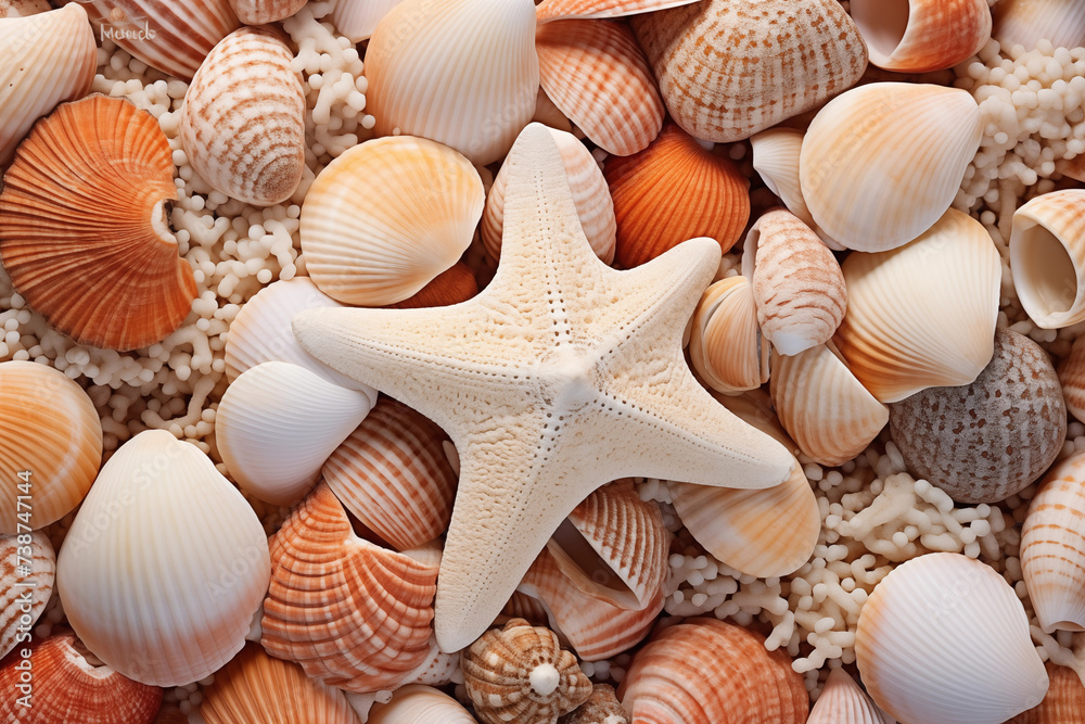 Sea shells and star on sand as background