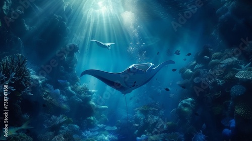 Manta Ray's Sunlit Journey - A manta ray journeys through the sunlit waters of a coral-rich sea, a serene testament to the beauty of the underwater realm. © Mickey