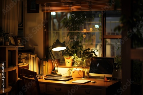 A cozy reading nook in an office corner is illuminated by a softly glowing lamp.