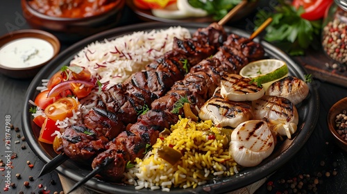 Turkish kebab platter with grilled meat skewers, rice pilaf, grilled vegetables, and yogurt sauce