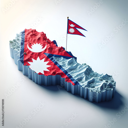 Nepal 3d render map. Nepal country map with its flag isolated on it. 3d illustration design, geographical, topography map