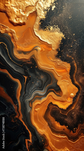 Abstract marble ink texture in black and gold swirls with glitter. © SERHII