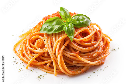 A twirl of spaghetti with tomato sauce garnished with fresh basil leaf.