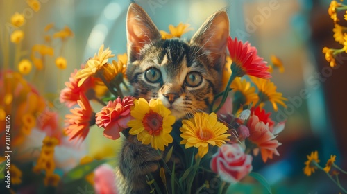 Heartwarming Tabby: Celebratory Whiskers Clutching a Kaleidoscope of Birthday Blooms