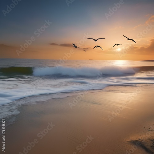 A serene beach at sunset, with gentle waves washing ashore and seagulls flying in the distance, creating a peaceful scene1 © Ai.Art.Creations